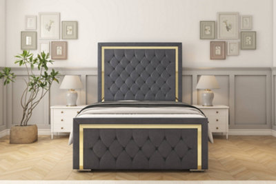 Sloomy Sofia Gold Steel Plush Bed Frame With 50" Upholstered Headboard 4'6 Double from B&Q