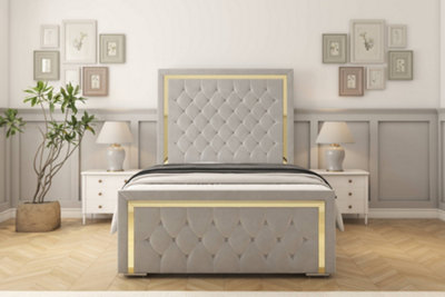 Sloomy Sofia Gold Silver Plush Bed Frame With 50" Upholstered Headboard 5' King from B&Q