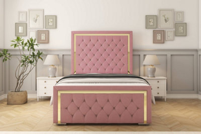 Sloomy Sofia Gold Pink Plush Bed Frame With 50" Upholstered Headboard 4'6 Double from B&Q