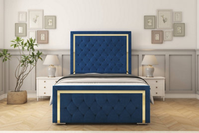 Sloomy Sofia Gold Navy Plush Bed Frame With 50" Upholstered Headboard 2'6 Small Single from B&Q