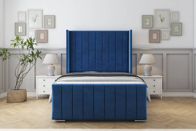 Sloomy Melbourne Navy Plush Bed Frame With Mattress  With 50" Upholstered Wingback Headboard 3' Single from B&Q
