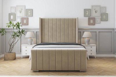 Sloomy Melbourne Almond Coniston Bed Frame With Mattress  With 50" Upholstered Wingback Headboard 4'6 Double from B&Q