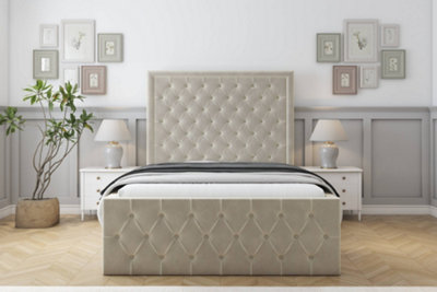 Sloomy Vienna Cream Plush Bed Frame With Mattress With 50" Upholstered Headboard 5' King from B&Q