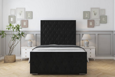 Sloomy Watson Black Plush Bed Frame With Mattress With 50" Upholstered Headboard 5' King from B&Q