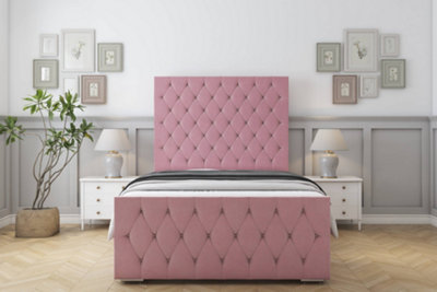 Sloomy Watson Pink Plush Bed Frame With Mattress With 50" Upholstered Headboard 4'6 Double from B&Q