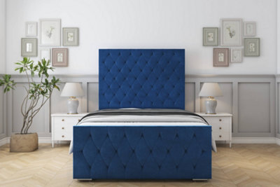 Sloomy Watson Navy Plush Bed Frame With Mattress With 50" Upholstered Headboard 5' King from B&Q