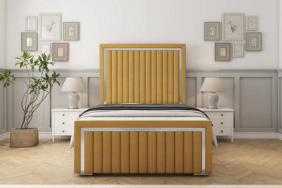 Sloomy Boston Chrome Mustard Plush Bed Frame With Mattress With 50" Upholstered Headboard 3' Single from B&Q
