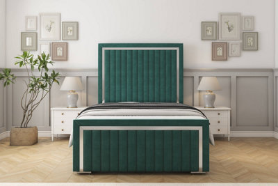 Sloomy Boston Chrome Emerald Plush Bed Frame With Mattress With 50" Upholstered Headboard 2'6 Small Single from B&Q