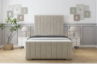 Sloomy California Cream Plush Bed Frame With Mattress With 50" Upholstered Headboard 5' King from B&Q