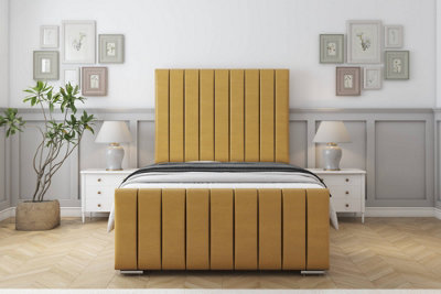 Sloomy California Mustard Plush Bed Frame With Mattress With 50" Upholstered Headboard 4'6 Double from B&Q