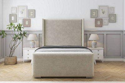 Sloomy Devonshire Cream Plush Bed Frame With Mattress With 50"  Upholstered Wingback Headboard 6' Super King from B&Q