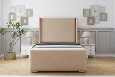 Sloomy Devonshire Pebble Plush Bed Frame With Mattress With 50"  Upholstered Wingback Headboard 5' King from B&Q