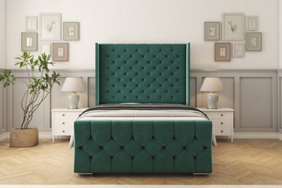 Sloomy Luthor Emerald Plush Bed Frame With Mattress With 50"  Upholstered Wingback Headboard 4'6 Double from B&Q