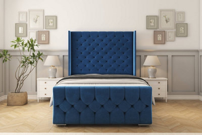 Sloomy Luthor Navy Plush Bed Frame With Mattress With 50"  Upholstered Wingback Headboard 4'6 Double from B&Q