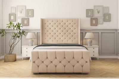 Sloomy Luthor Sand Naples Bed Frame With Mattress With 50"  Upholstered Wingback Headboard 4' Small Double from B&Q