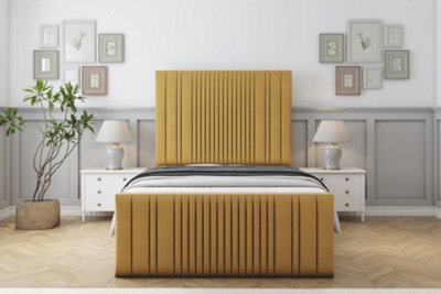 Sloomy Kingsley Mustard Plush Bed Frame With Mattress With 50" Upholstered Headboard 2'6 Small Single from B&Q