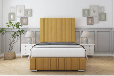 Sloomy Langston Mustard Plush Bed Frame With Mattress With 50" Upholstered Headboard 5' King from B&Q