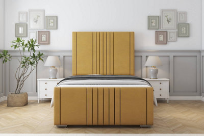 Sloomy Harrington Mustard Plush Bed Frame With Mattress With 50" Upholstered Headboard 4'6 Double from B&Q