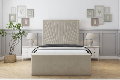 Sloomy Somerset Cream Plush Bed Frame With Mattress With 50" Upholstered Headboard 5' King from B&Q