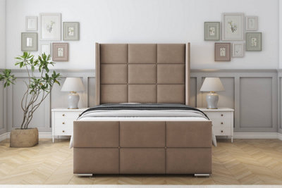 Sloomy Beaumont Mink Plush Bed Frame With Mattress With 50"  Upholstered Wingback Headboard 5' King from B&Q