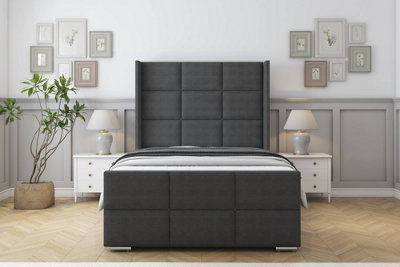 Sloomy Beaumont Graphite Dumfries Bed Frame With Mattress With 50"  Upholstered Wingback Headboard 5' King from B&Q