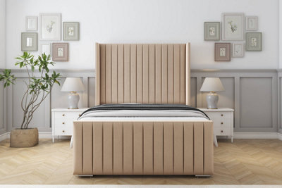 Sloomy Marlborough Pebble Plush Bed Frame With Mattress With 50"  Upholstered Wingback Headboard 4'6 Double from B&Q