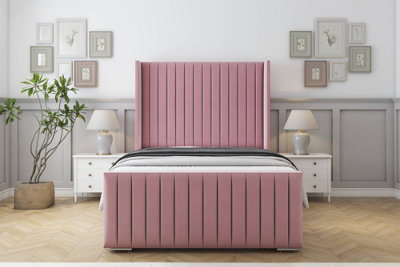 Sloomy Marlborough Pink Plush Bed Frame With Mattress With 50"  Upholstered Wingback Headboard 4'6 Double from B&Q