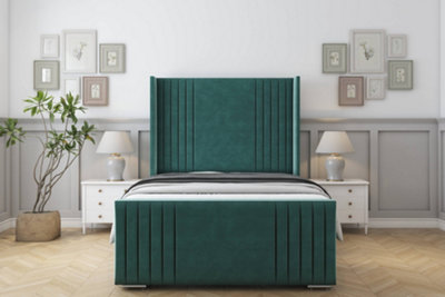 Sloomy Camden Emerald Plush Bed Frame With Mattress With 50"  Upholstered Wingback Headboard 5' King from B&Q