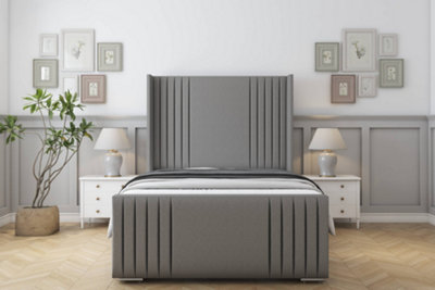 Sloomy Camden Pewter Dumfries Bed Frame With Mattress With 50"  Upholstered Wingback Headboard 4'6 Double from B&Q