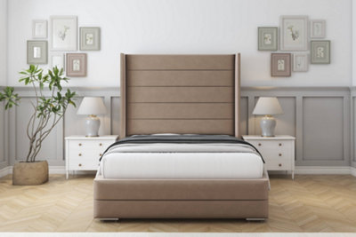 Sloomy Sterling Mink Plush Bed Frame With Mattress With 50"  Upholstered Wingback Headboard 3' Single from B&Q