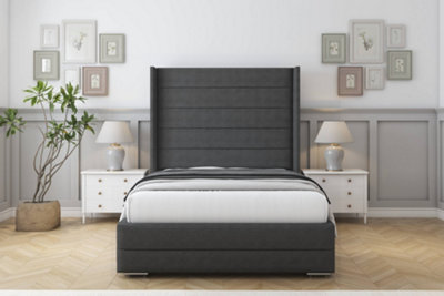 Sloomy Sterling Graphite Dumfries Bed Frame With Mattress With 50"  Upholstered Wingback Headboard 4'6 Double from B&Q