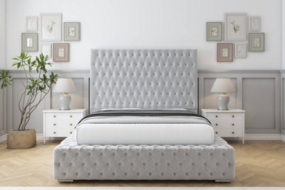 Sloomy Ambassador Silver Plush Bed Frame With Mattress With 50"  Upholstered Headboard 4'6 Double from B&Q