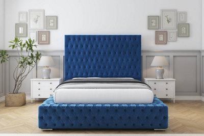 Sloomy Ambassador Navy Plush Bed Frame With Mattress With 50"  Upholstered Headboard 4' Small Double from B&Q