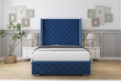 Sloomy Arundel Navy Plush Bed Frame With Mattress With 50"  Upholstered Wingback Headboard 5' King from B&Q