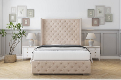Sloomy Arundel Sand Naples Bed Frame With Mattress With 50"  Upholstered Wingback Headboard 2'6 Small Single from B&Q