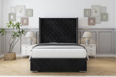 Sloomy Arundel Black Naples Bed Frame With Mattress With 50"  Upholstered Wingback Headboard 4' Small Double from B&Q