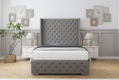 Sloomy Arundel Pewter Dumfries Bed Frame With Mattress With 50"  Upholstered Wingback Headboard 3' Single from B&Q