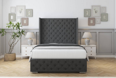 Sloomy Arundel Graphite Dumfries Bed Frame With Mattress With 50"  Upholstered Wingback Headboard 4'6 Double from B&Q