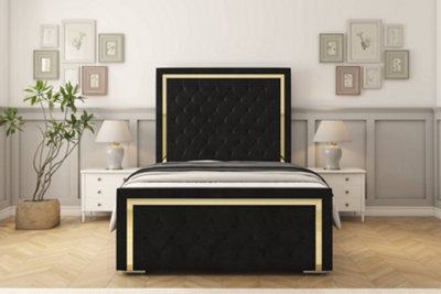Sloomy Sofia Gold Black Plush Bed Frame With Mattress With 50" Upholstered Headboard 5' King from B&Q