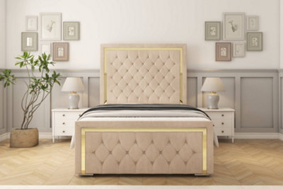 Sloomy Sofia Gold Sand Naples Bed Frame With Mattress With 50" Upholstered Headboard 2'6 Small Single from B&Q