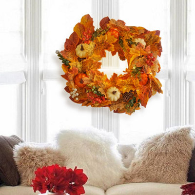 Darphe Halloween Autumn White Orange Pumpkin Encrypted Maple Leaf Front Door Wreath 45Cm from B&Q