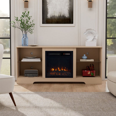 Living And Home Modern Wooden Tv Cabinet With Built-In Electric Fireplace, Adjustable Flame And Remote Control