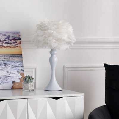 Darphe Naturally Feather Lampshade Table LampWhite Metal Lamp Base Feather Lamp from B&Q