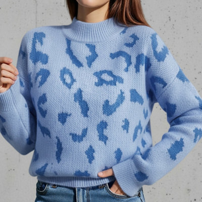 Thehotsale Warm Modern Comfortable Leopard Pattern Mock Neck Pullover Jumper Sweater Blue Size L