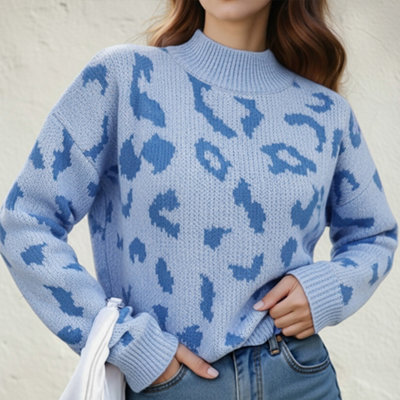 Thehotsale Warm Modern Comfortable Leopard Pattern Mock Neck Pullover Jumper Sweater Blue Size Xl