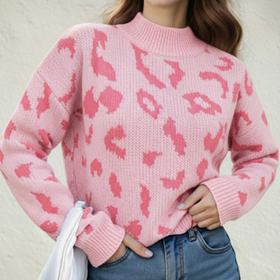 Thehotsale Stylish Comfortable Chic Leopard Pattern Mock Neck Pullover Jumper Sweater Pink Size S