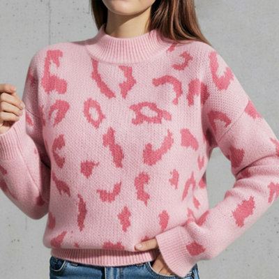 Thehotsale Stylish Comfortable Chic Leopard Pattern Mock Neck Pullover Jumper Sweater Pink Size M
