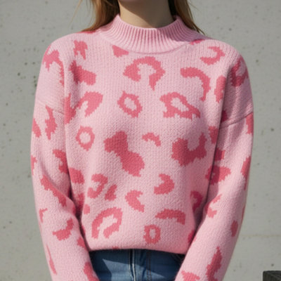 Thehotsale Stylish Comfortable Chic Leopard Pattern Mock Neck Pullover Jumper Sweater Pink Size L