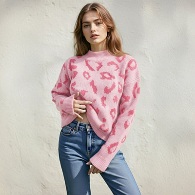 Thehotsale Stylish Comfortable Chic Leopard Pattern Mock Neck Pullover Jumper Sweater Pink Size Xl