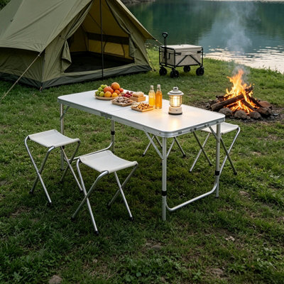 B&Q -  Height Adjustable Lightweight Aluminum Folding Picnic Camping Table With 4 StoolsOutdoor Table And Chair Set